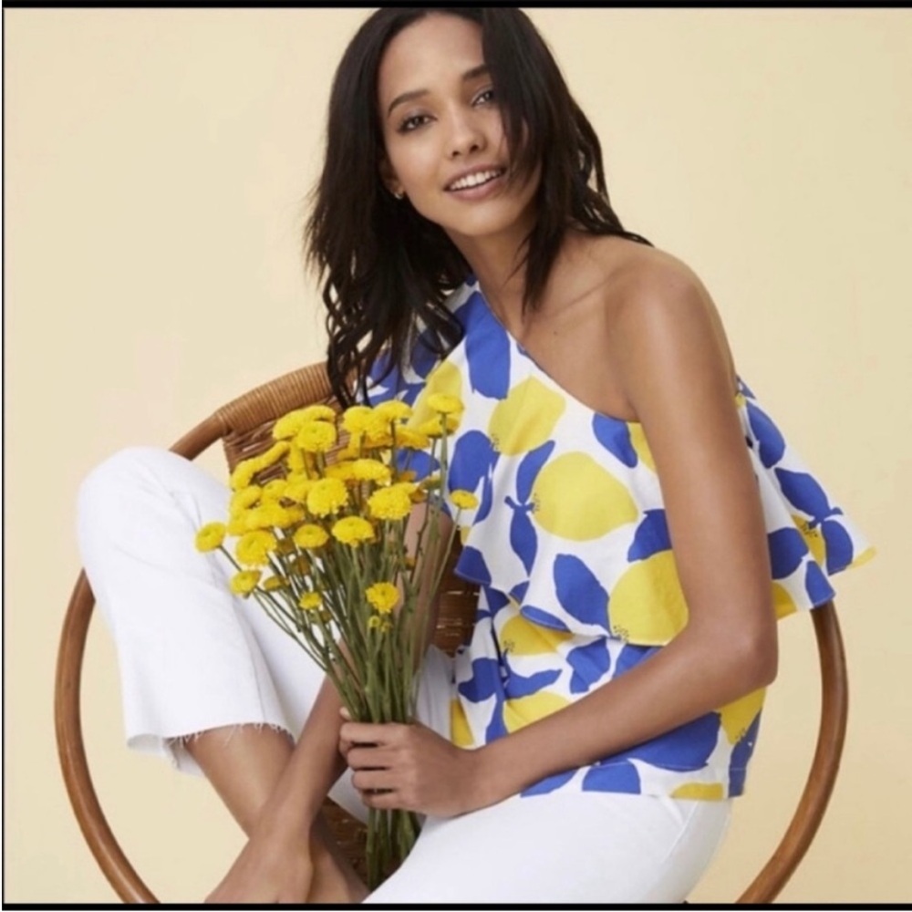 Loft Blue and Yellow  Lemon One-Shoulder Women's Top Size Medium